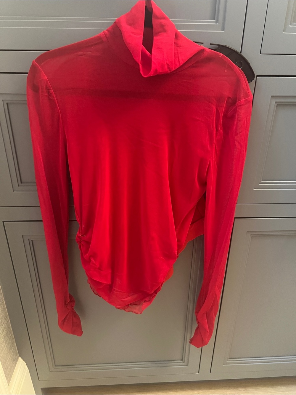 Red Sheer Long-Sleeve Turtleneck Top